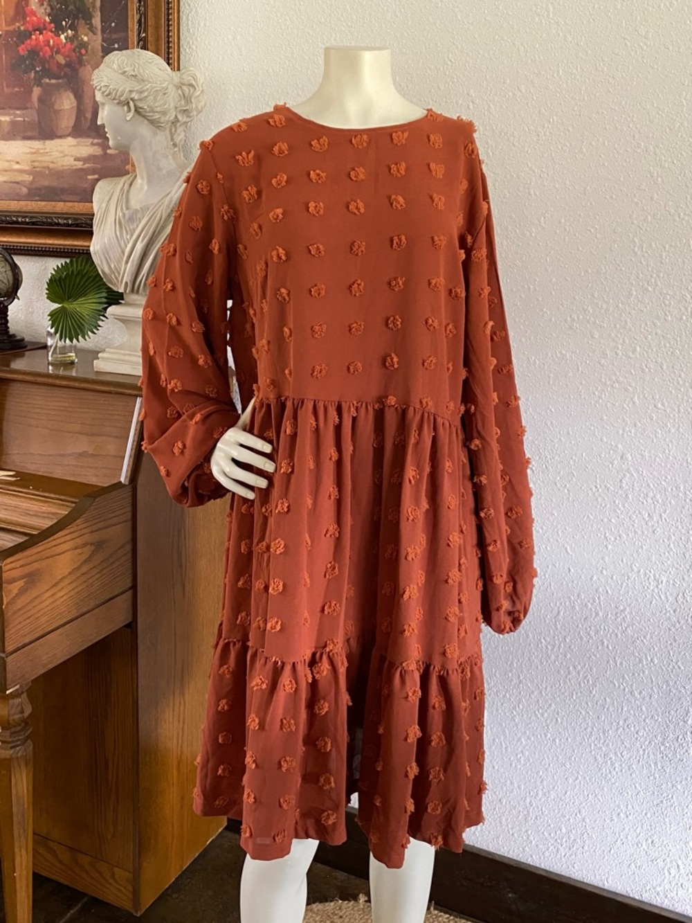Textured Rust Orange Long-Sleeve Tiered Dress
